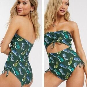 AERIE One Piece Full Coverage Ruched Cut Out Pineapple Swimsuit Medium #1289